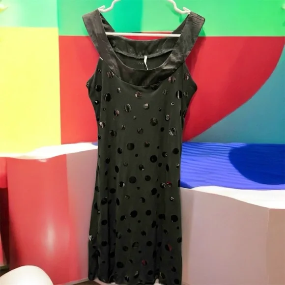 Elegant Black Polka Dot Dress SMALL pit to pit 15in length 35in - Picture 2 of 7